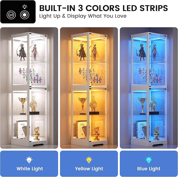 Glass Display Cabinet with Doors, 65" Tall 4-Tier Curio Display Case with 3 Color Lights and Human Body Sensor, Bookcase for Collectibles, White