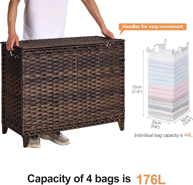 Laundry Hamper with 4 Removable Liner Bags, 176L Laundry Sorter with Lid - Image 4