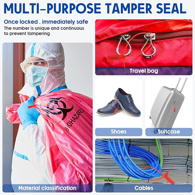 1000 Pcs Plastic Tamper Seals Fire Extinguisher Tags Security Tags Seals Safety Numbered Zip Ties Labels Safety Disposable Self Locking Signage 250 mm Length (Red)