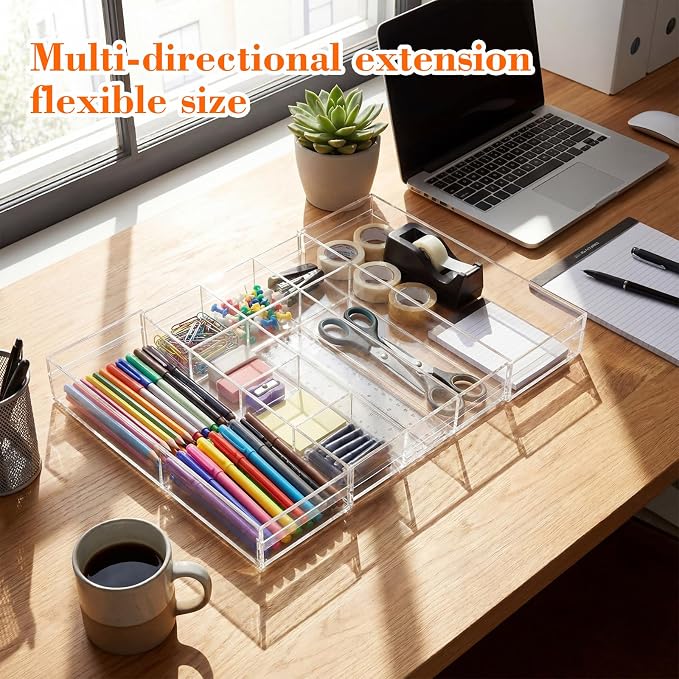 Briwooody Clear Acrylic Drawer Organizer Expandable, 10 Compartments, Medium | - Image 3