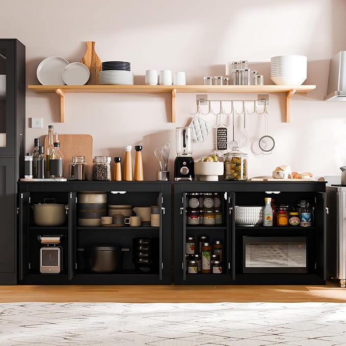 Cozy Castle Buffet Cabinet with Storage - Kitchen Storage Cabinet Wood Console Table Coffee Bar Accent Cabinets for Living Room Dining Room Entryway Black 44.5" W