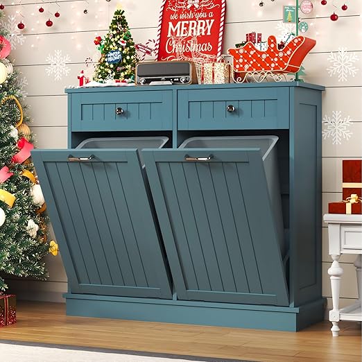 Tilt Out Trash Cabinet with Double Hidden Trash Can Holder, Kitchen Free Standing Recycling Cabinet,Dog Proof Trash Can,Wood, Teal