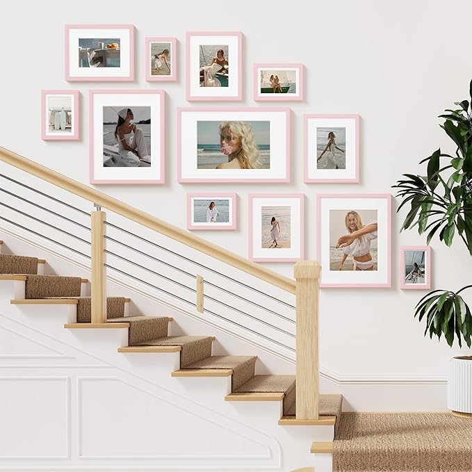 Vittanly 11x14 Picture Frame Set of 2, Solid Wood Frame for Wall Art Photo and Prints, Display Photo 8x10 with Mat or 11x14 without Mat, Pale Pink
