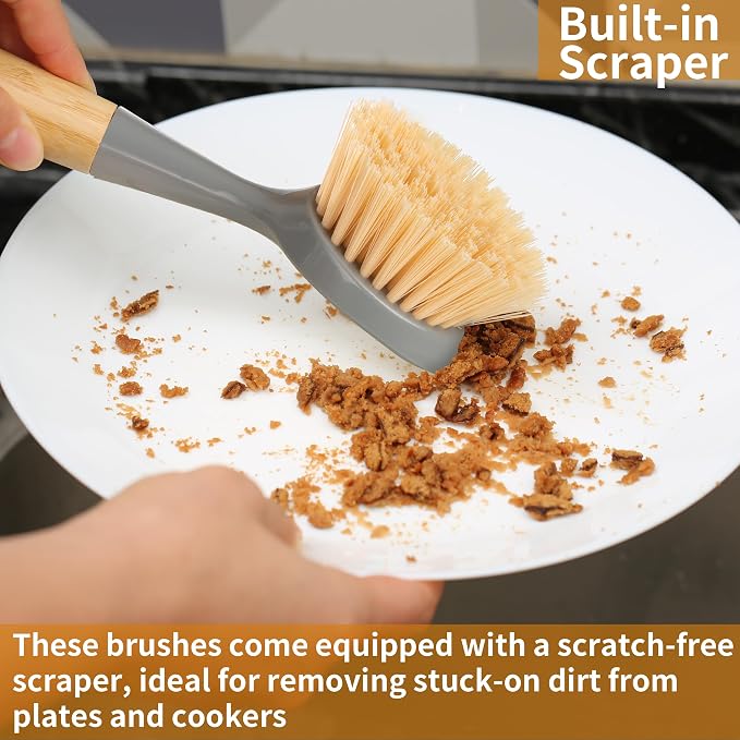2 Pack Kitchen Dish Brush Bamboo Handle Dish Scrubber Built-in Scraper | Scrub - Image 5