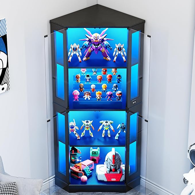 IRONCK 71 Inch Carbon Fiber Corner Glass Display Cabinet with Human Body Sensor & 6-Color LED Lights, 4-Tier Tempered Glass Display Case with 2 Adjustable Shelves for Collectibles, Toys, Black