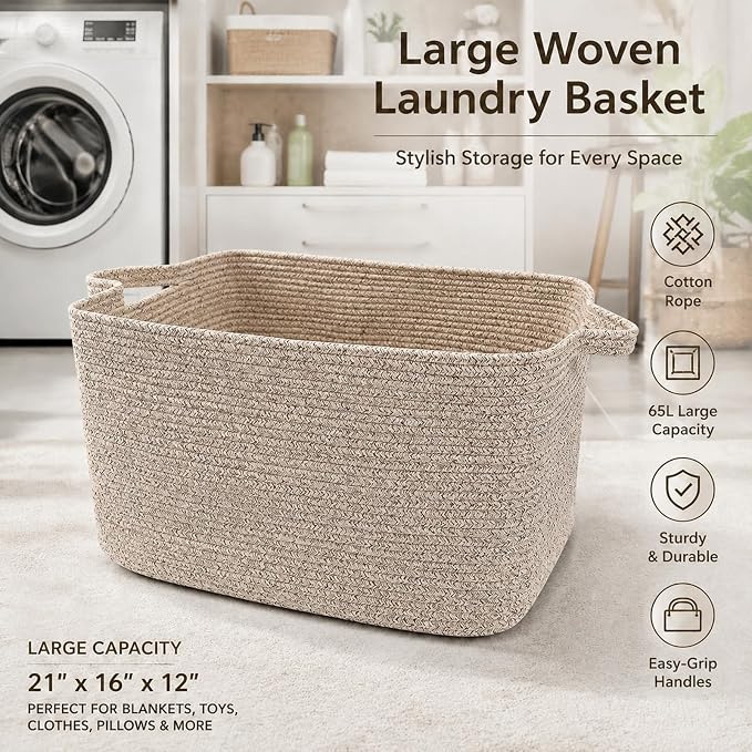 65L Large Laundry Basket with Handles, Woven Blanket Basket - Image 4