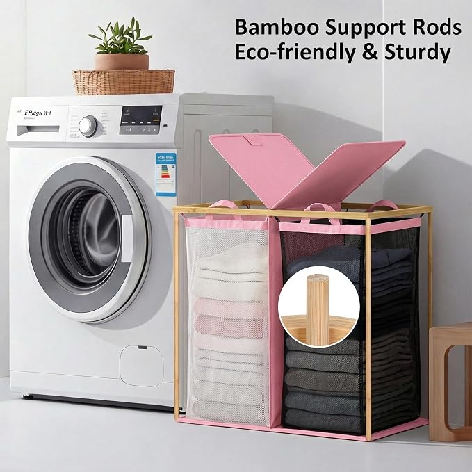 efluky Laundry Hamper with Lid, Double Laundry Basket with 2 Removable Bags - Image 2
