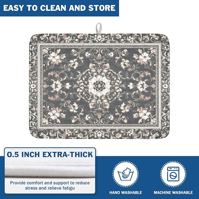 Giwawa Boho Floral Dish Drying Mat Grey Leaves Dishes Drainer Pad 18x24 Inch - Image 5