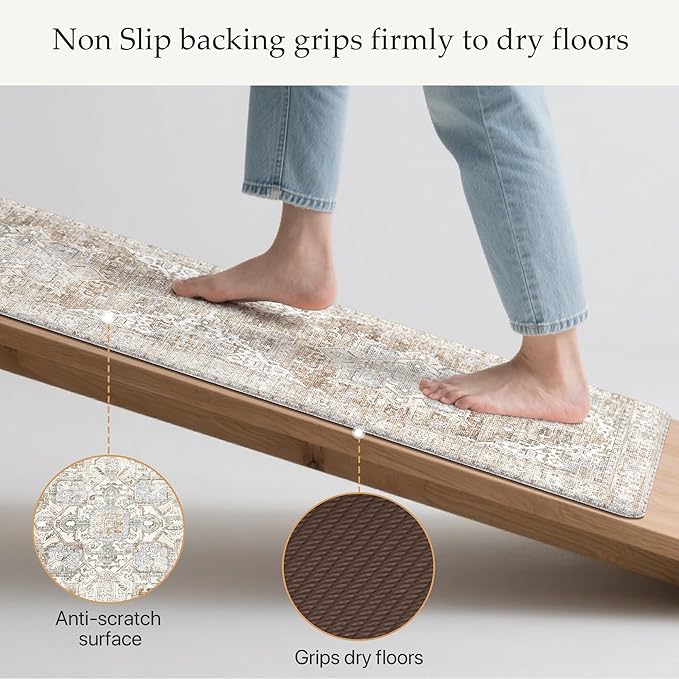 GENIMO Kitchen Mats for Floor, 2PCS Kitchen Rugs Non Slip Washable, Waterproof Anti Fatigue Mat, Comfort Standing Runner Rug for Sink, Office, Laundry, Home, 17.3"x47"+17.3"x30", Blue&Brown