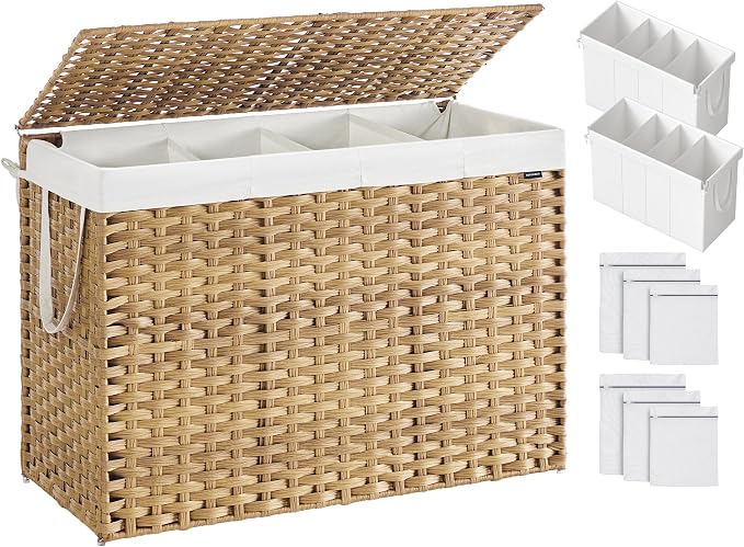 SONGMICS Laundry Hamper with Lid, 200L 4-Section Wicker Basket, 6 Mesh Bags by Unknown