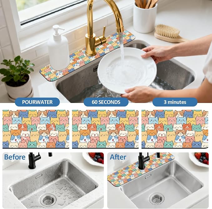 2Pcs Stacked Cats Pattern Kitchen Sink Splash Guard Faucet Mat Funny Cats - Image 5