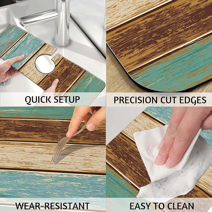 MCALK Wood Pattern Teal Kitchen Sink Faucet Mat Splash Guard, Absorbent - Image 4