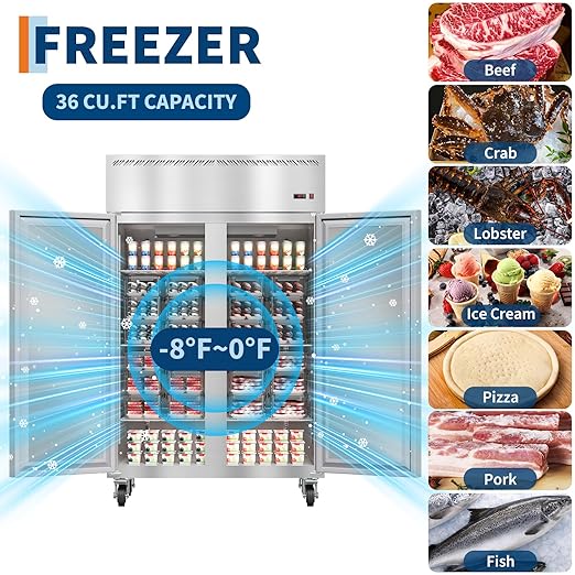 PeakPursuit 48" W Commercial Freezer -8°F~0°F,Reach-in 36 Cu.ft 2 Door Stainless Steel Commercial Refrigerator Fan Cooling,6 Adjustable Shelves, Auto Defrost,for Restaurant,Bar,Kitchen,Shop