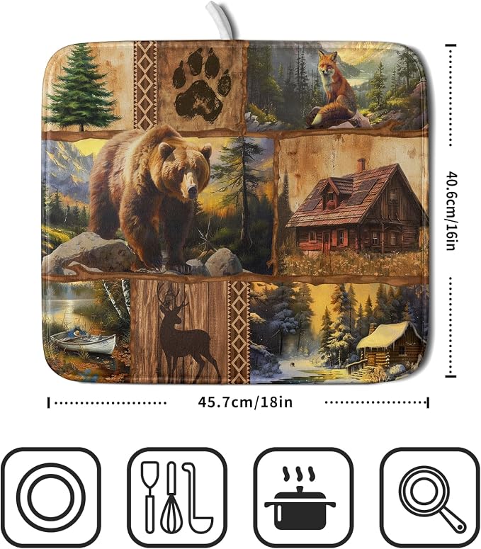 Bear Deer Fox Dish Drying Mat Rustic Cabin Lodge Dish Drainer Mats 16x18 Inch - Image 2
