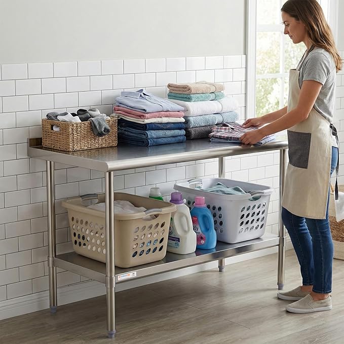 STABLEINK NSF Stainless Steel Prep & Work Table 24 x 48 Inches 4ft Heavy Duty Metal Table with Backsplash and Undershelf for Commercial Kitchen, Restaurant, Hotel, Laundry and Garage