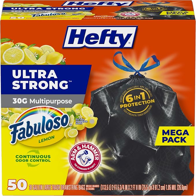 Hefty Ultra Strong 30 Gal Large Trash Bags, Fabuloso Lemon, 50ct | 30G Large by Hefty