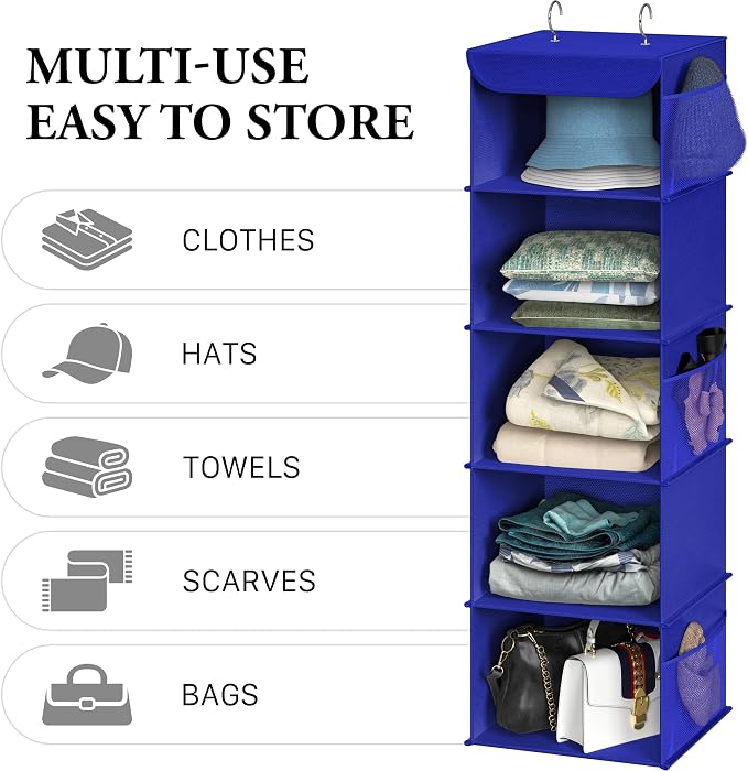 Simple Houseware 5 Shelf Hanging Closet Organizer, Dark Blue | 360° Rotating - Image 5