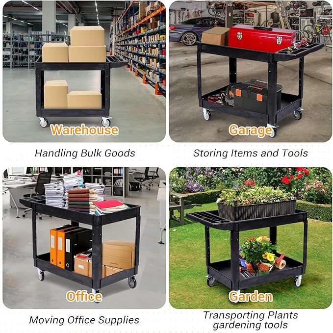 2-Shelf Large Heavy Duty PP Service Cart 45.7x25.6 Inch, Rolling Utility Cart with 360° Swivel Wheels, 550LBS, Oversize Shelf, Storage Handle, for Warehouse/Garage/Cleaning, Black