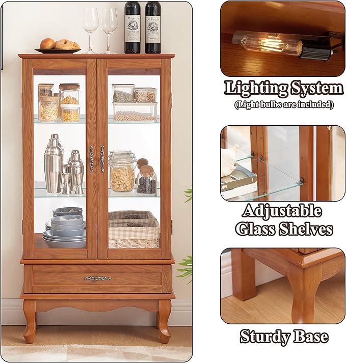 49" H Lighted Curio Cabinet Display Case, Glass Curio Cabinet with Adjustable Shelves,Tempered Glass Door and Drawer, Wooden Cabinets w/Mirrored Back Pane for Living Room (Oak)