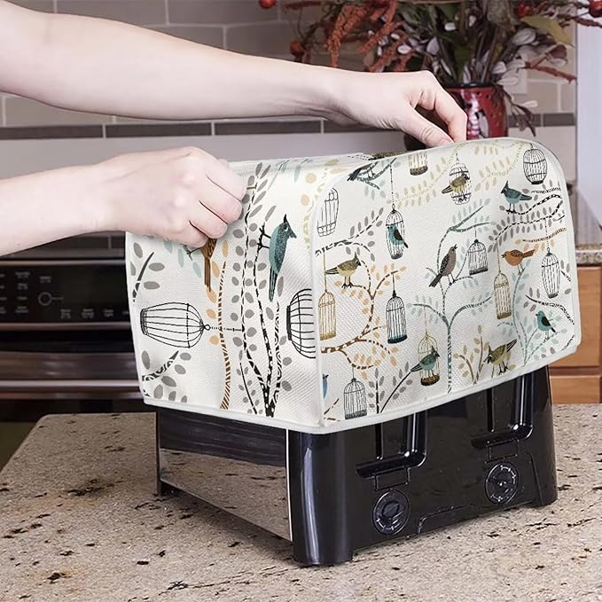 Art Birds Print Bread Maker Cover 4 Slice Dust-proof Microwave Toaster Oven Cover Washable, Anti Fingerprint Bread Machine Protector for Kitchen Accessories