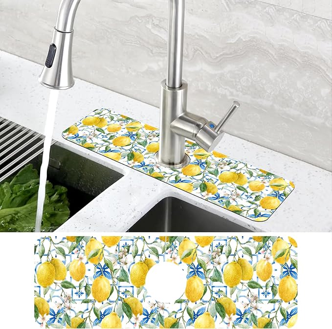 Yellow Lemons and Blue Tiles Sink Faucet Absorbing Mat Splash Guard Behind - Image 4