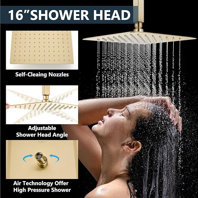 Aolemi Shower Faucet Set Ceiling Mount Shower System Rough-in Valve and Shower Trim Kit 2 in 1 Handheld Spray Push Button Diverter 16 and 6 Inch Dual Shower Head Brushed Gold