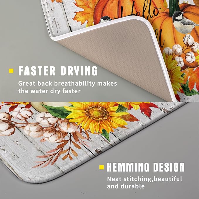 Hello Fall Dish Drying Mat for Kitchen Counter 16x18 Inch Orange Pumpkin - Image 3