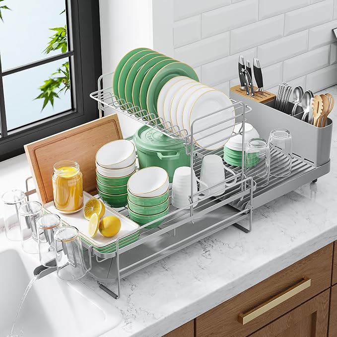Kitsure Extendable Dish Drying Rack, 19.2"-26.7" L x 12.9" W, 2-Tier | Large by Kitsure
