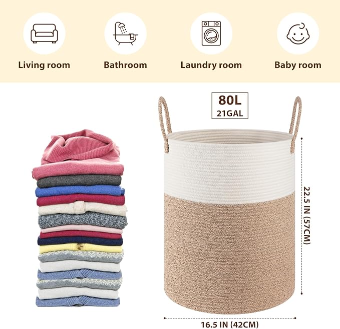 OIAHOMY 80L Nursery Hamper Laundry Basket Laundry Hamper Brown/White - Image 2