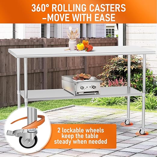 Stainless Steel Table with Wheels 24" x 60" Utility Worktable with Adjustable Undershelf for Commercial Kitchen, Garage, Restaurant