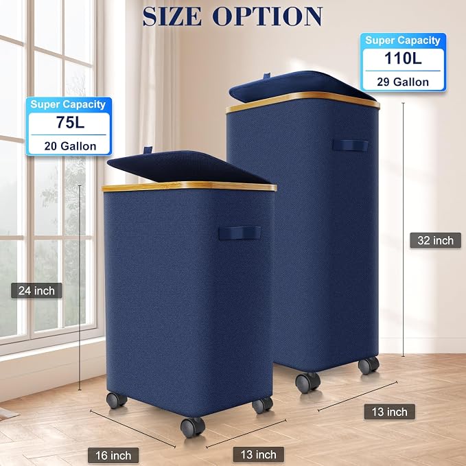 Laundry Hamper with Wheels, 75L Rolling Laundry Basket with Lid - Image 7