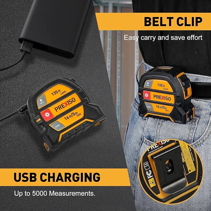PREXISO 2-in-1 Laser Tape Measure 135Ft Rechargeable Laser Measurement Tool - Image 8
