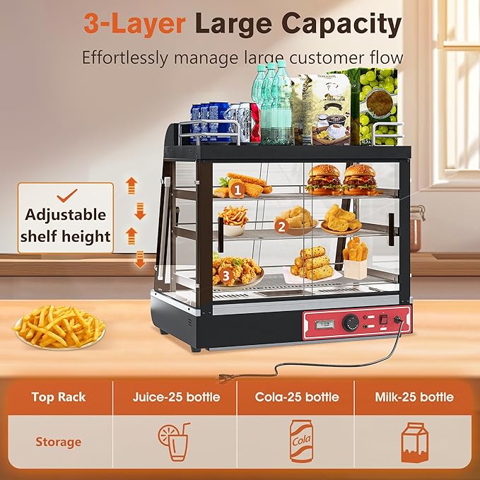 27 inch Commercial Food Warming Cabinet, 3 Tier Countertop Heated with Top Rack for Pizza/Pretzel, Three Color, Temper Glass, w/Thermometer Adjustable Thermostat for Cafe Kitchen Restaurant