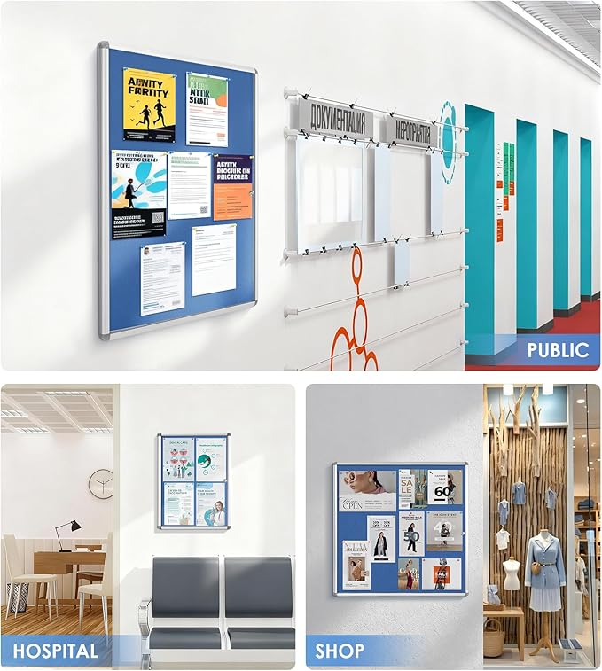 SWANCROWN Pins Bulletin Board Enclosed Lockable Noticeboard Glass Display Case for Home Office School,Blue Fabric,38"x38" (12xA4)