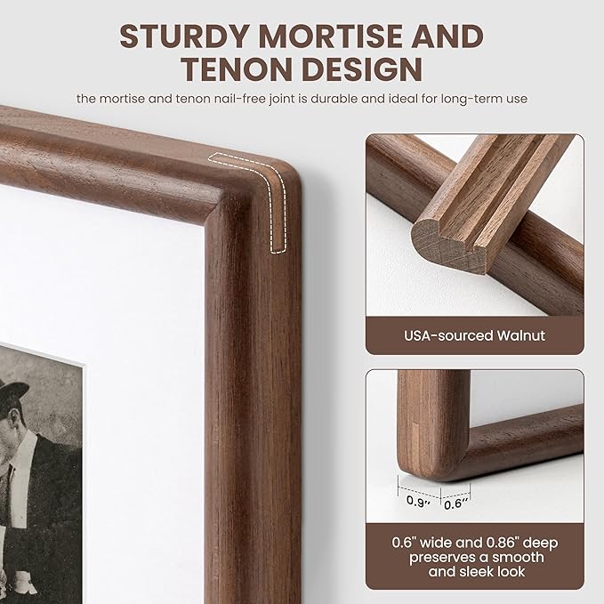 Axeman 16 x 20 Walnut Frame - Rounded Corner 16x20 Picture Frame Matted to 11x14 - Natural Walnut Wood Photo Frame with Tempered Glass for Wall Mount Display