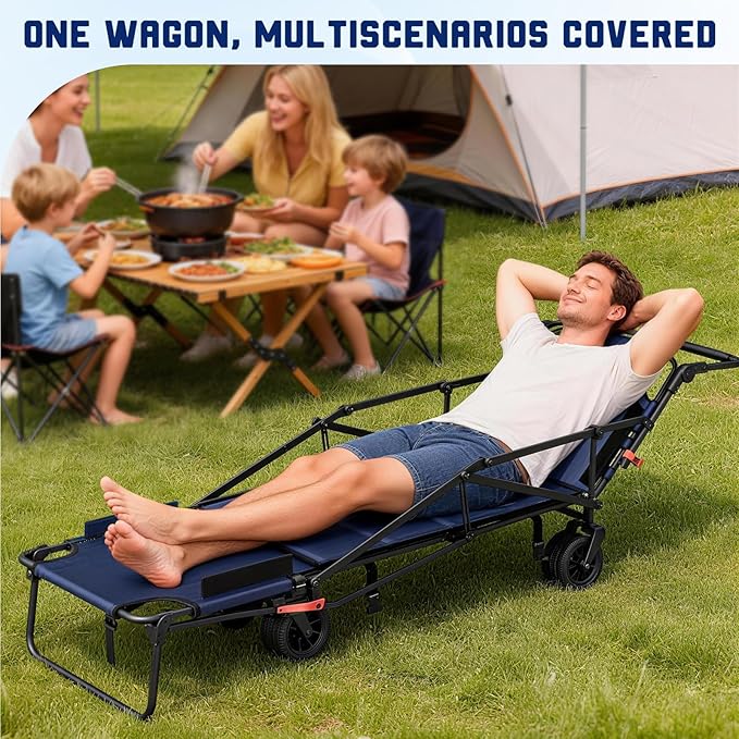 LEVELEVE Heavy Duty Folding Wagon - 2-in-1 Collapsible Cart, 650lb Capacity, All-Terrain Wheels w/Brakes & Side Pockets (Blue)