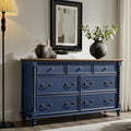T4TREAM Farmhouse 7 Drawers Dresser Chests for Bedroom with 4 Solid Wood Feet, Tall Wide Wood Country Rustic Chest of Drawers, Storage Dressers for Bedroom, Living Room, Rustic Oak Antique Blue
