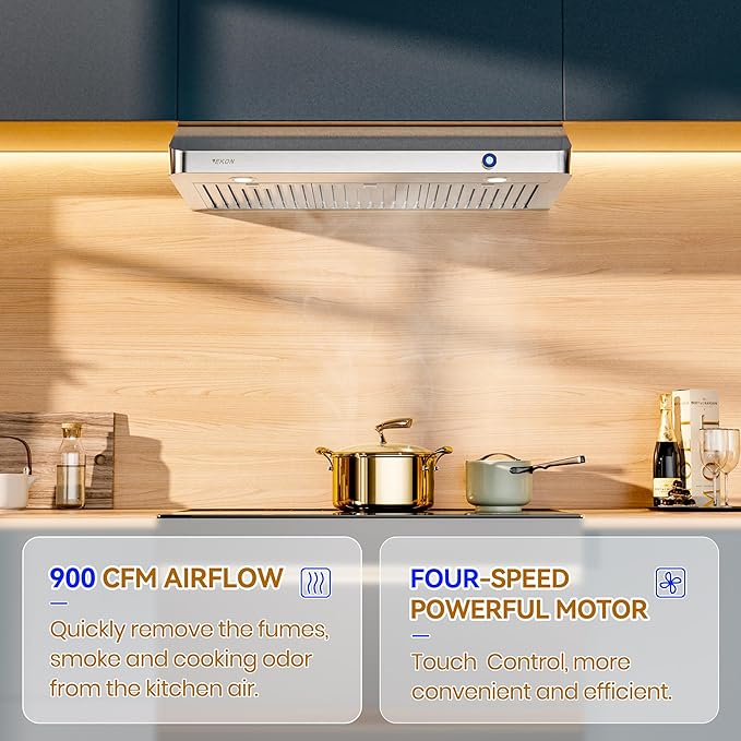 EKON 36 inches Under Cabinet Range Hood, 900 CFM Stainless Steel Kitchen Chimney Vent, 4 Speed Touch Screen Control With Remote 2Pcs 3W LED Knob Control