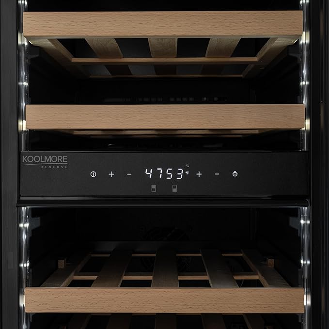 KoolMore Reserve 15 in. Under-Counter Panel Ready Dual Zone Built-in Wine Cooler with 23 Bottle Capacity and Wooden Shelves in Black, ETL Listed (KM-CW28DZ-WPR)