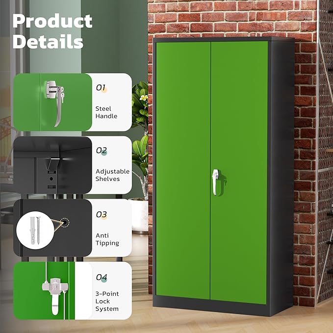 Greenvelly Metal Garage Storage Cabinet with 2 Doors and 4 Adjustable Shelves, 72" HLockable Storage Cabinet,Tall Metal Cabinet Locking File Cabinet for Office,Home, Garage, Gym, School