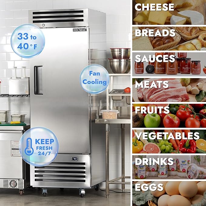 HECMAC 27" Commercial Refrigerator, 23 Cu.ft Reach-In Upright Fridge with Solid Door, 33~40℉, 18-8 Stainless Steel Interior, 3 Shelves, ETL&NSF/ANSI 7 for Restaurant, Bar, Shop, Kitchen Use