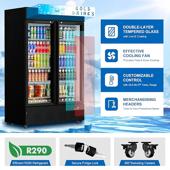 Commercial Beverage Refrigerator, 40 Cu.ft.Display Fridge Glass Door Upright Display Door with Adjustable Shelves LED Light for Restaurant,Grocery Stores,Office