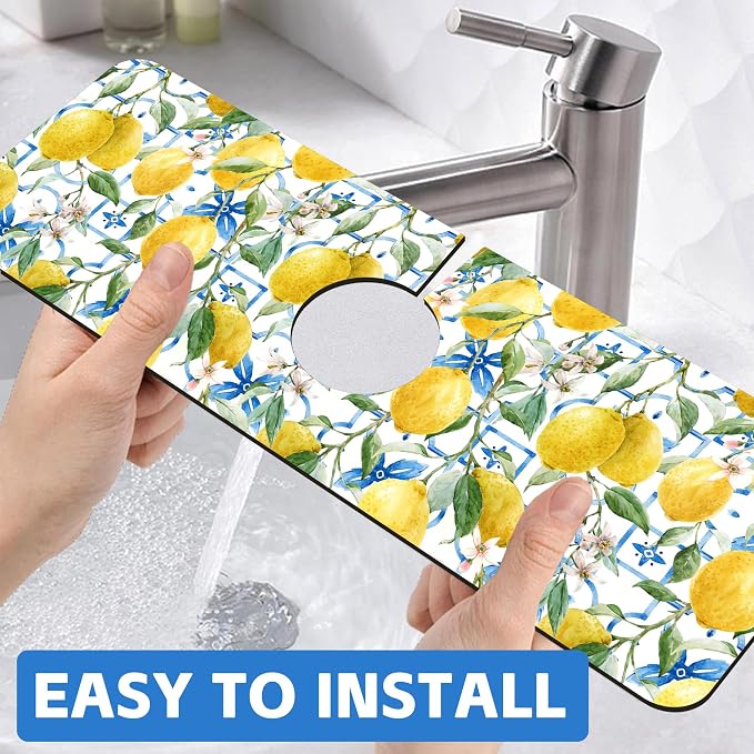 Yellow Lemons and Blue Tiles Sink Faucet Absorbing Mat Splash Guard Behind - Image 6
