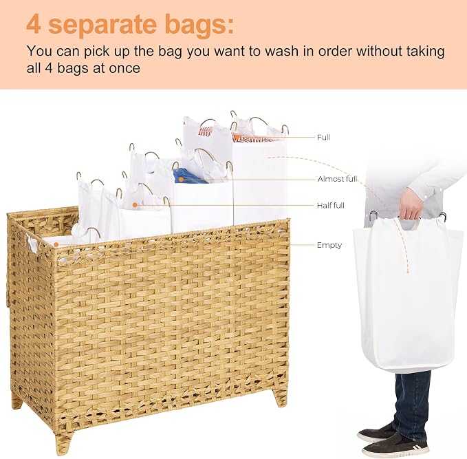 Laundry Hamper with 4 Removable Liner Bags, 176L Laundry Sorter with Lid - Image 3