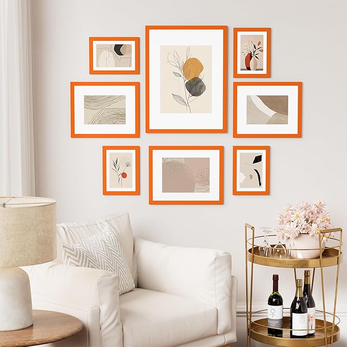 Vittanly 11x14 Picture Frame Set of 2, Solid Wood Frame for Wall Art Photo and Prints, Display Photo 8x10 with Mat or 11x14 without Mat, Orange