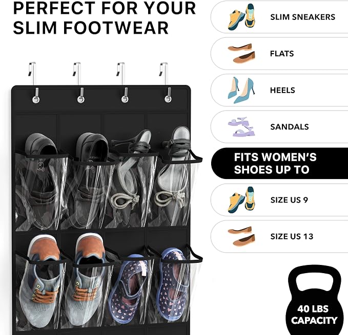 Simple Houseware 24 Pockets Clear Over the Door Shoe Organizer, 4 Durable Metal - Image 3