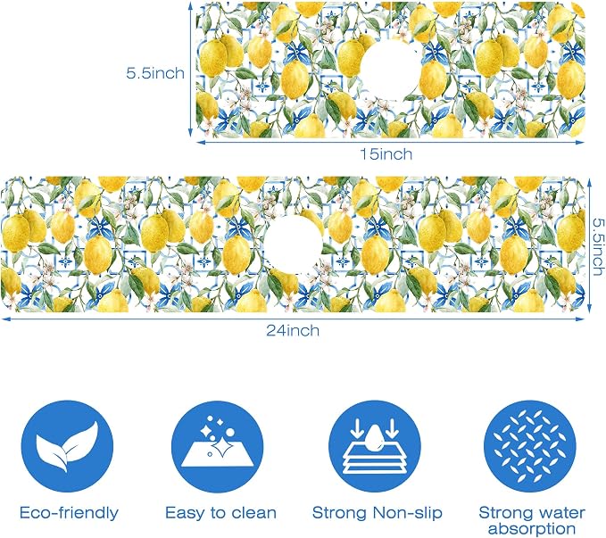 Yellow Lemons and Blue Tiles Sink Faucet Absorbing Mat Splash Guard Behind - Image 3