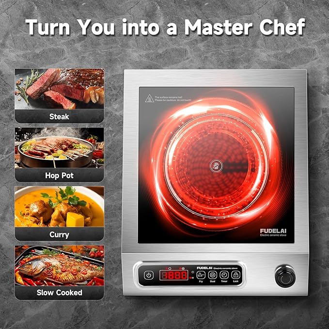 1800W Electric Hot Plate with Infrared Heating & 9 Power Levels - Commercial-Grade Electric Burner, Ceramic Cooktop with Timer, Child Safety Lock for Home Kitchen, Restaurants