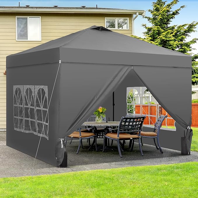 Saemoza 10x10 Pop Up Canopy Tent with One Push Setup, Portable Sun Shade Tent, Instant Easy Up Canopy with 4-Sidewalls & Handbag, Outdoor Fldable Gazebo with Vent Top, Grey.