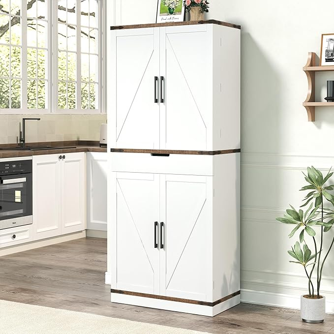 72" Kitchen Pantry Storage Cabinet with Doors and Shelves, Wood Farmhouse Pantry Storage with Barn Doors for Kitchen, Dining Room, Living Room